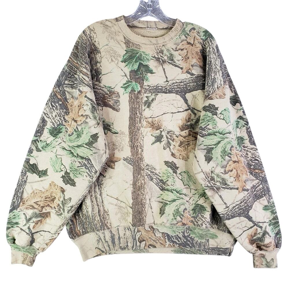 Vintage Jerzees Outdoors Camo Sweatshirt Realtree Hunting Crewneck Leaves USA L